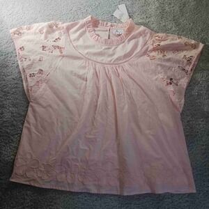Mira Pink Floral Eyelet Ruffle Mock Neck Blouse Top XXL NWT Romantic Coquette‎